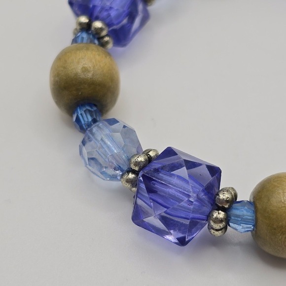 Vintage Stretch Blue and Wooden‎ Beaded Bracelet Womens Fashion Jewelry - Picture 2 of 7